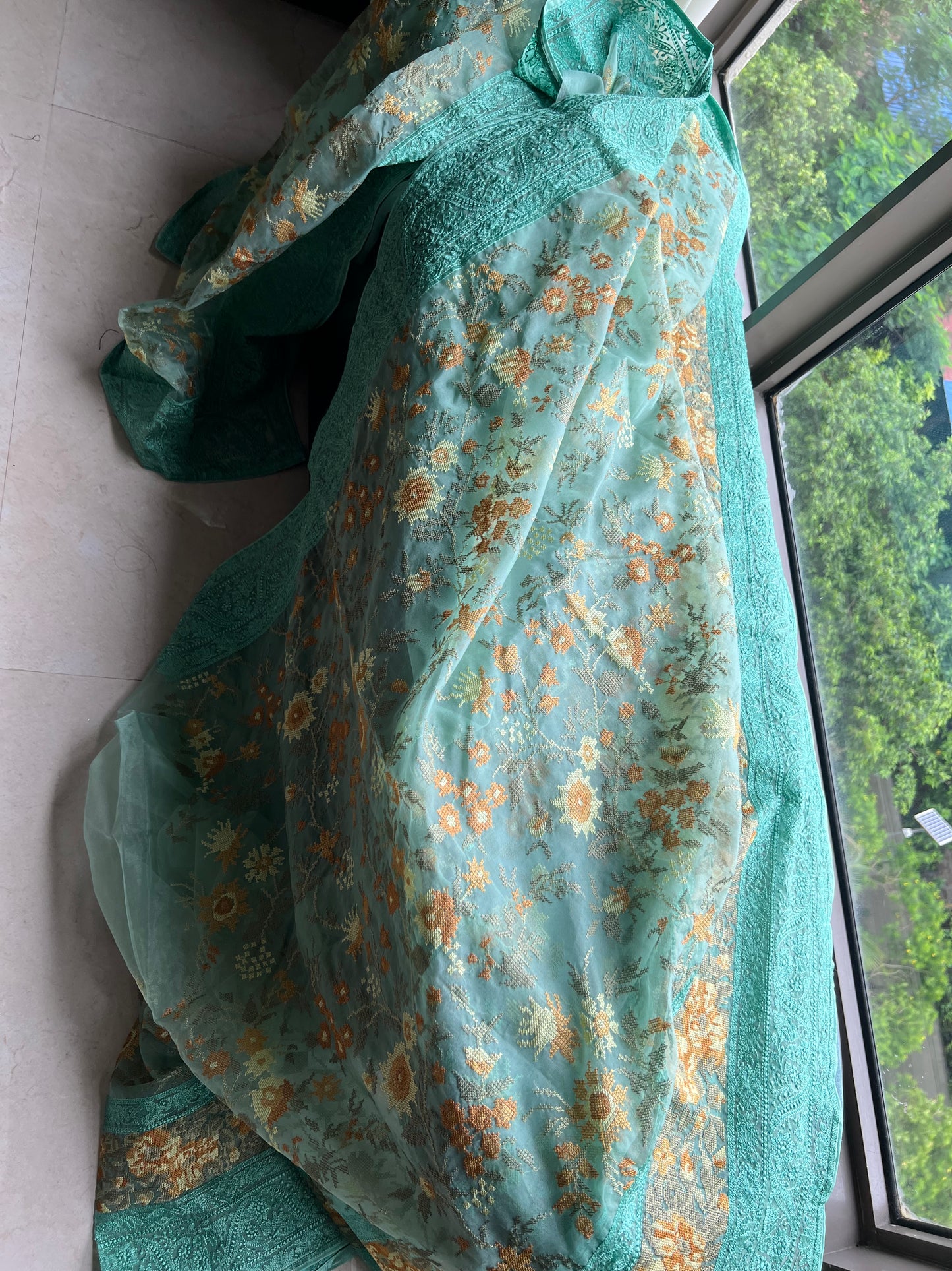 Cross stich inspired organza saree exclusive sarees women saree blouse - Saffronfashionindia