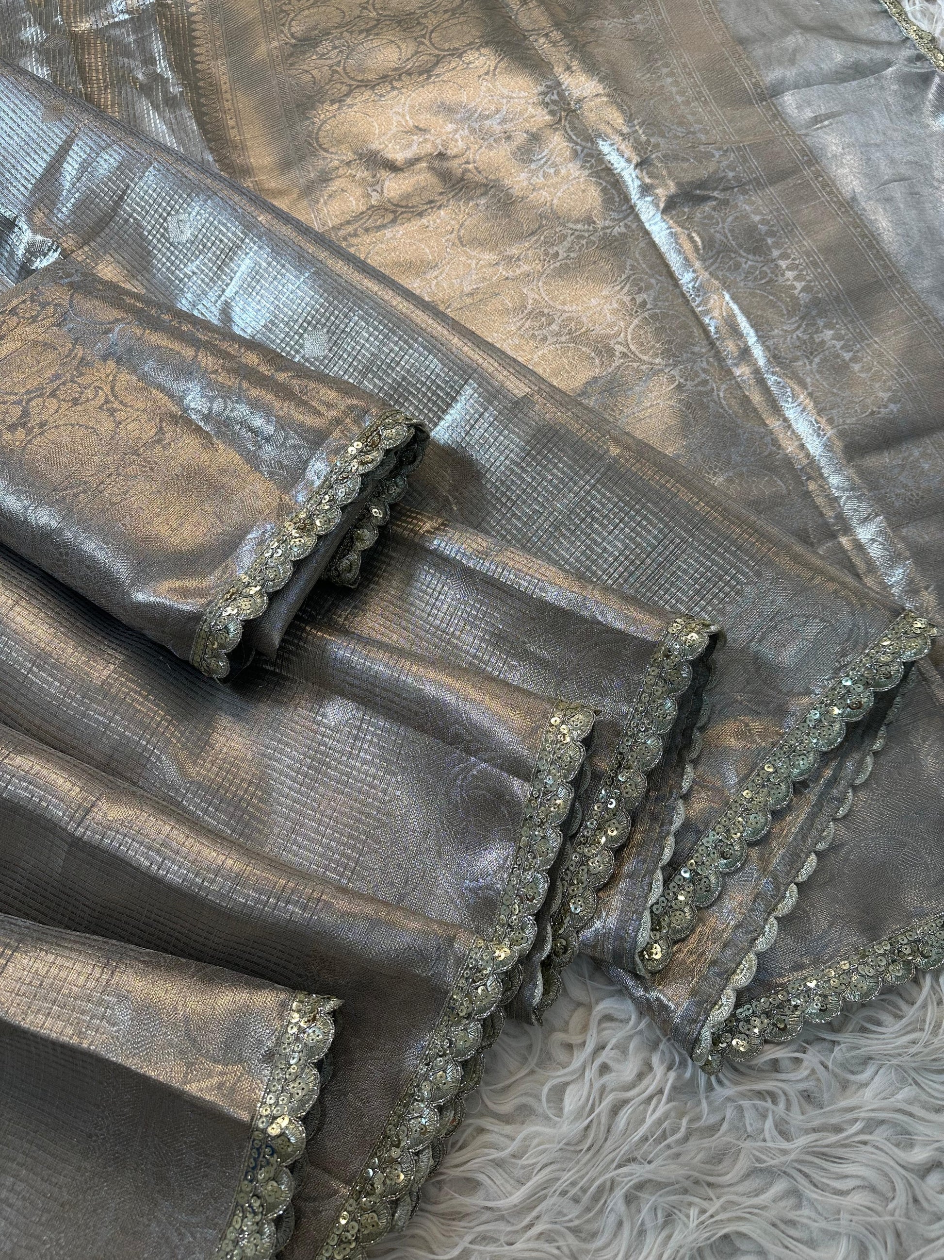 Almond Banarsi tissue silk saree Sexy sari - Saffronfashionindia