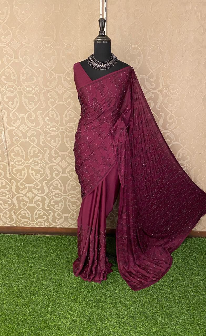 Satin partywear saree Indian saree beautiful sari blouse - Saffronfashionindia