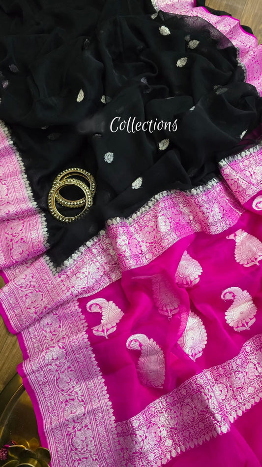 Black banarsi chiffon saree kaduwa saree Indian sari blouse SaffronFashion