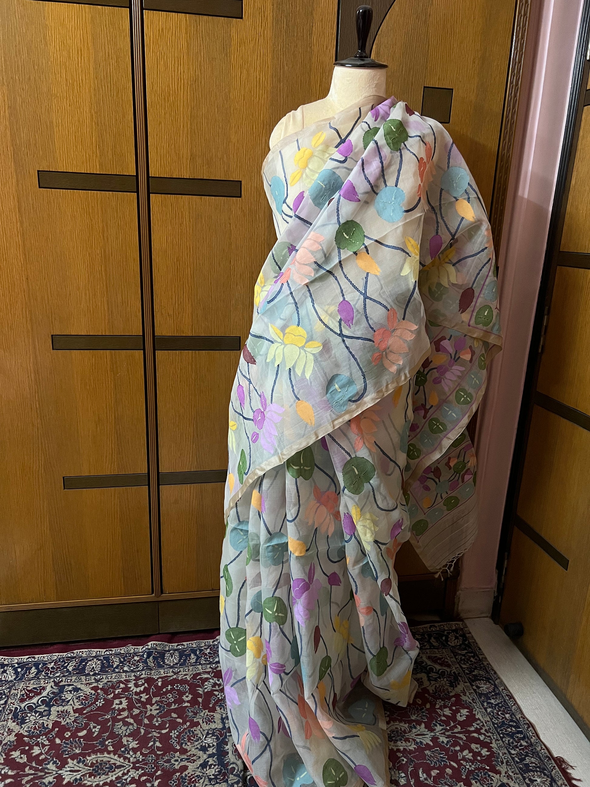 Floral Tantuj Jamdani Saree Bengal Traditional Indian Sari - Saffronfashionindia