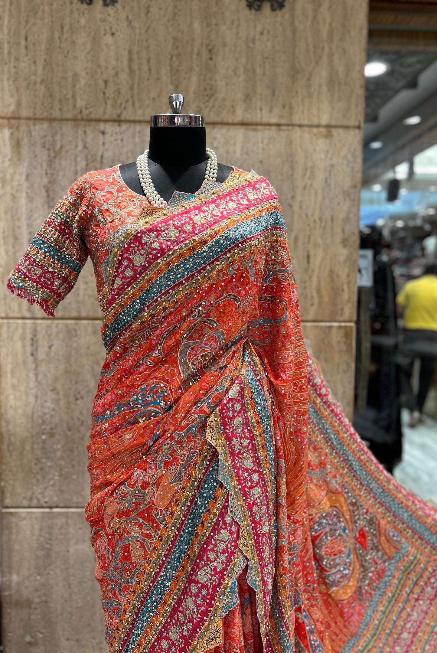 Chinon sarees handmade saree Ajrakh sari blouse Indian wedding sarees SaffronFashion