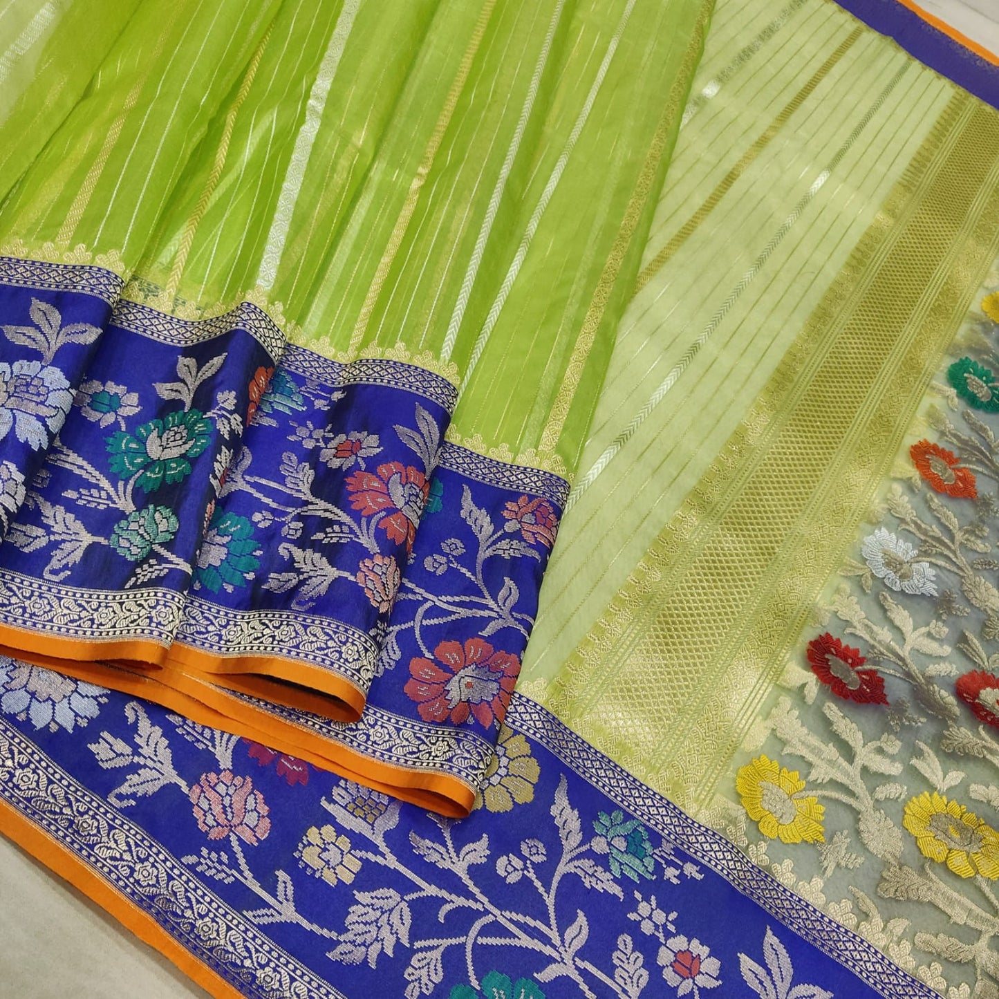 Green Kora Handwoven Saree zari sari - Saffronfashionindia