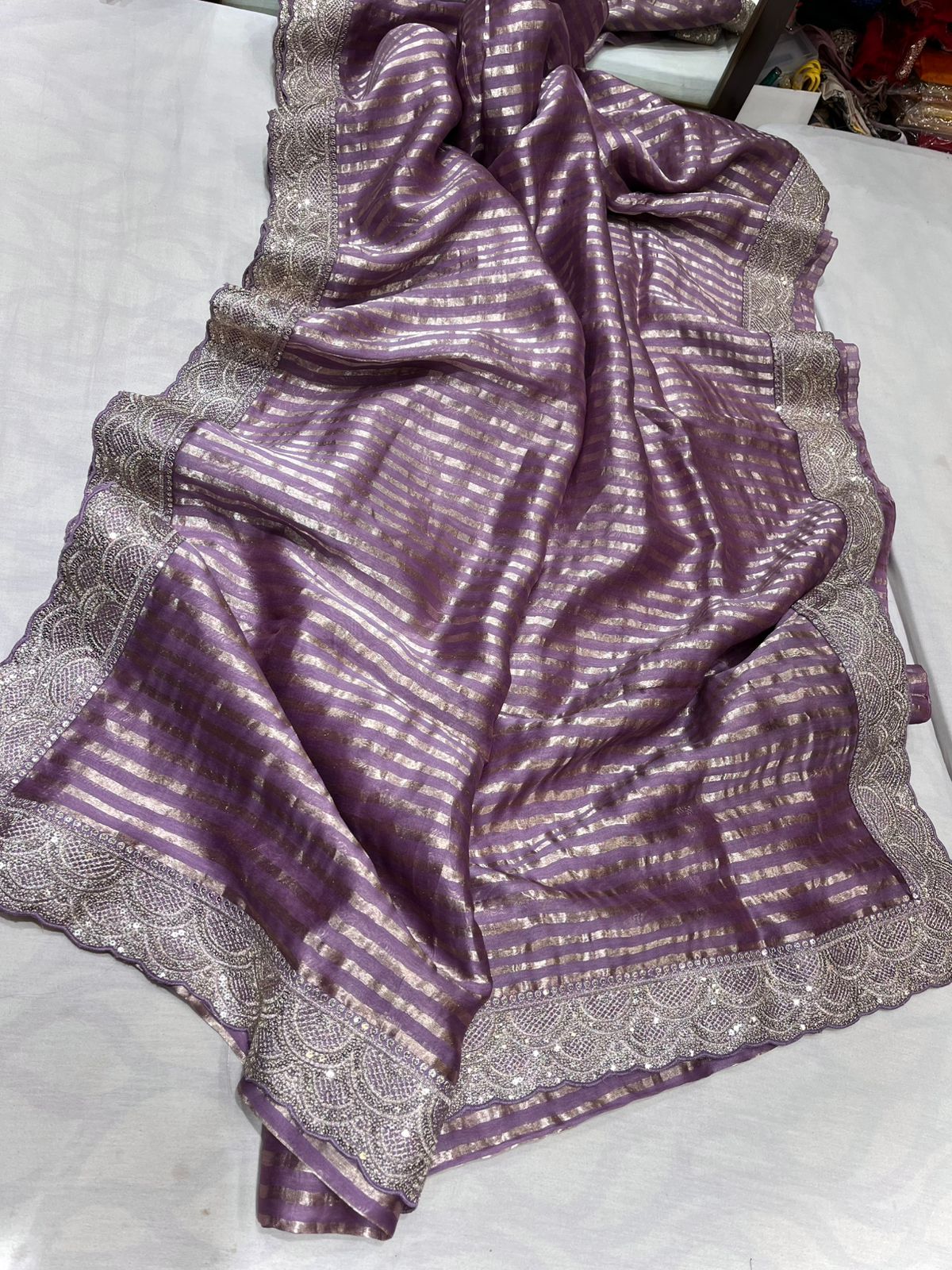 Chanderi Silk saree striped party wear women sarees blouse SaffronFashion