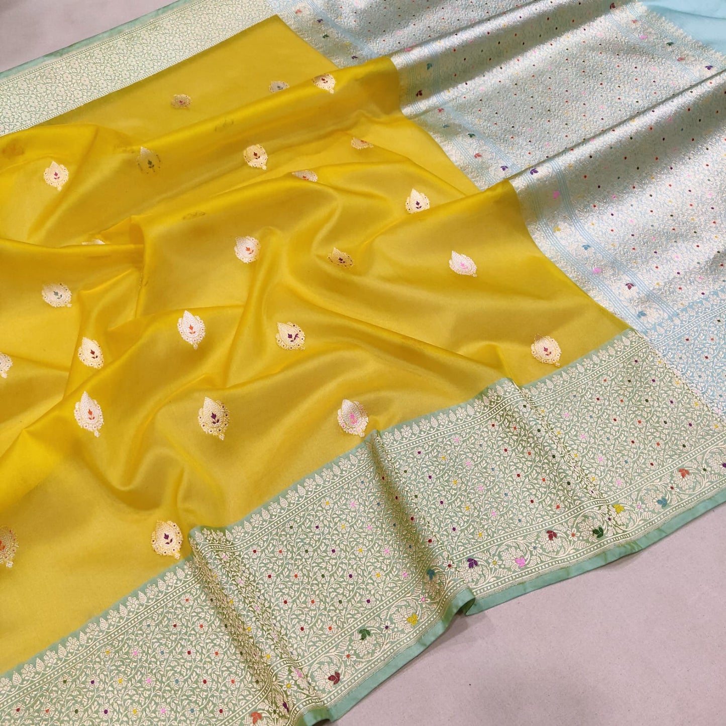 Yellow kora kadwa Zari striped saree handwoven saree blouse - Saffronfashionindia