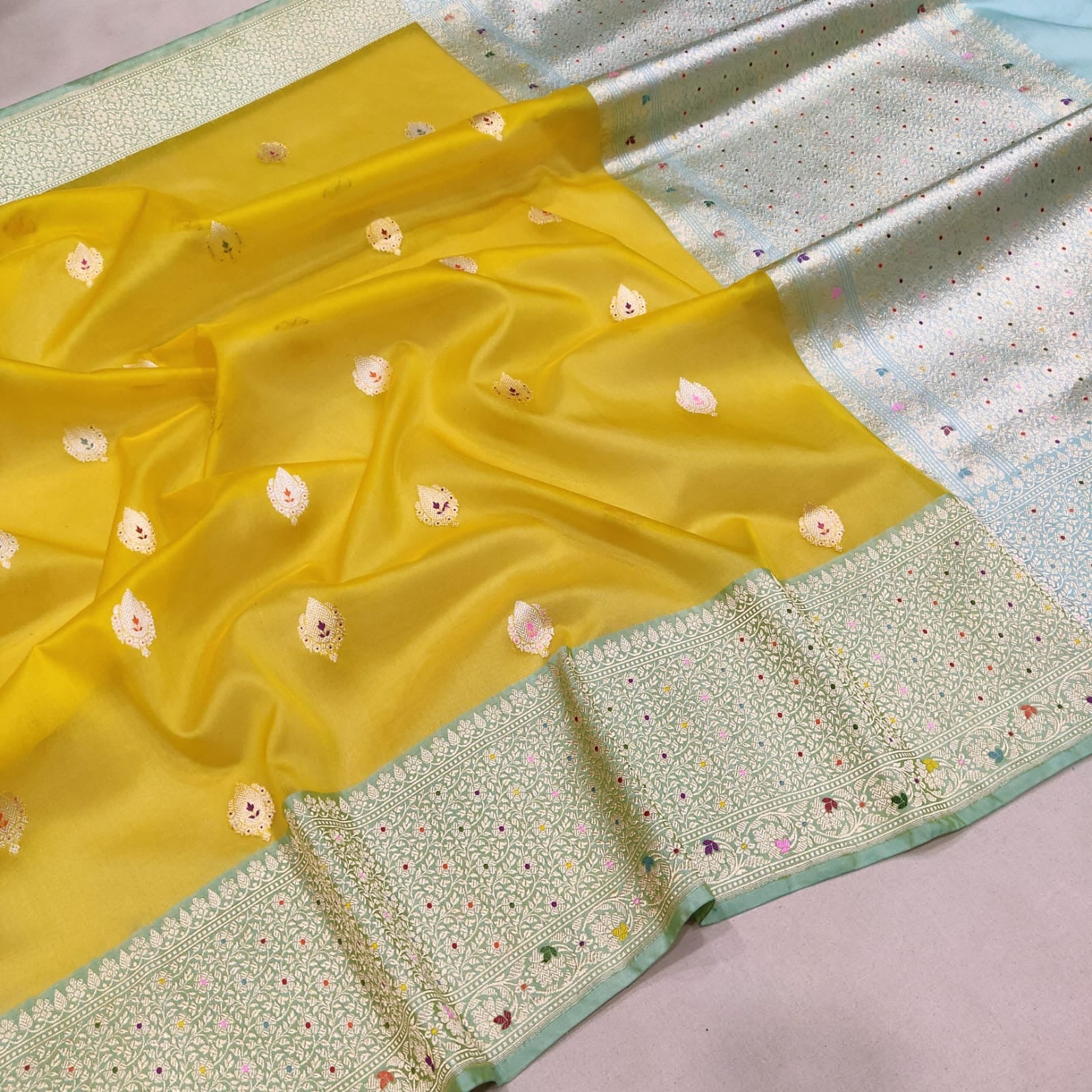 Yellow kora kadwa Zari striped saree handwoven saree blouse - Saffronfashionindia