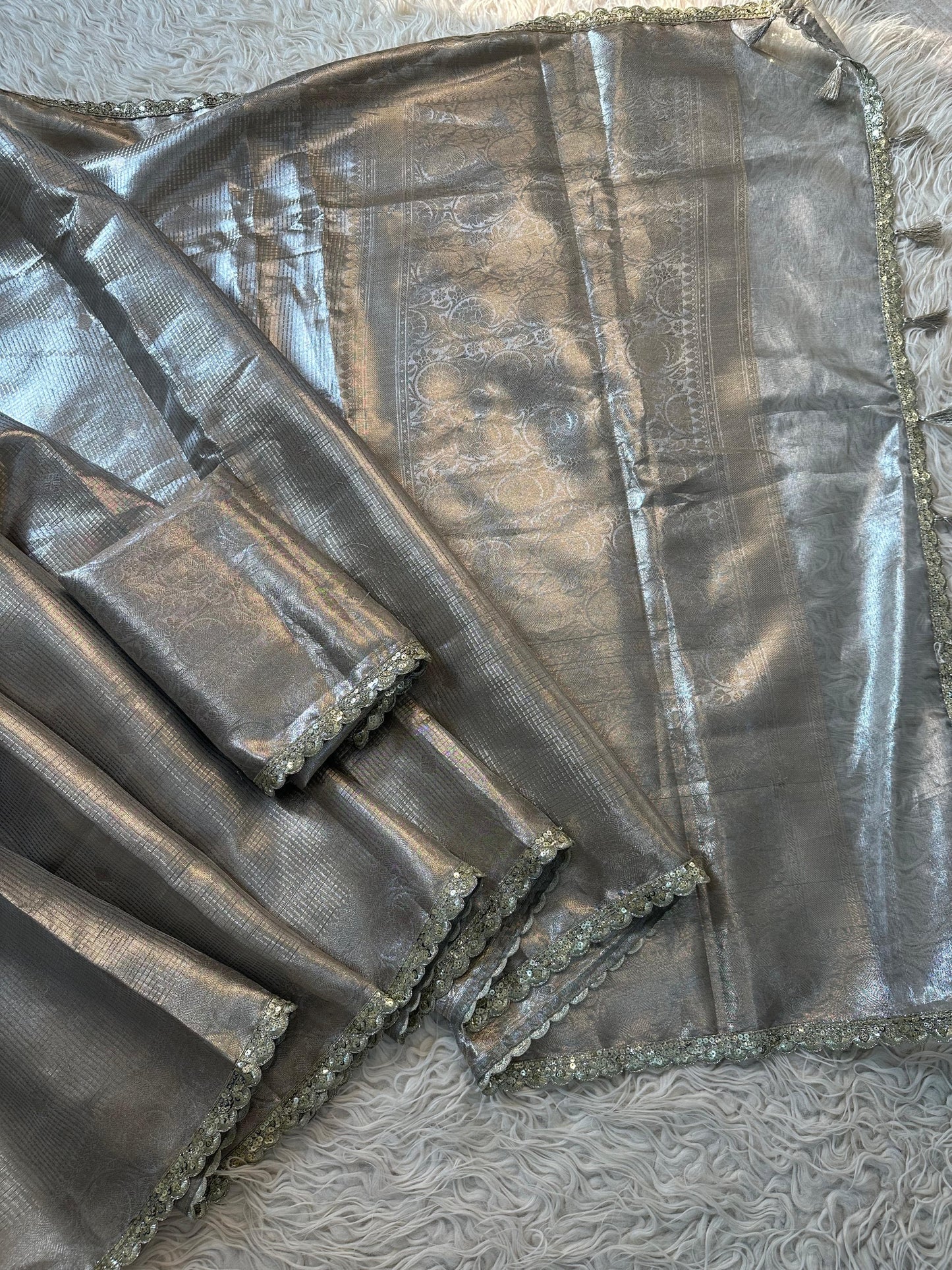 Almond Banarsi tissue silk saree Sexy sari - Saffronfashionindia