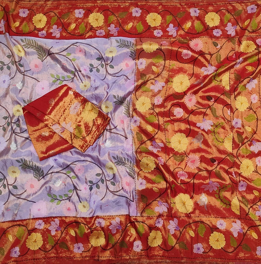 Lavender red Silk Zari Kota Meenakari Saree - Saffronfashionindia