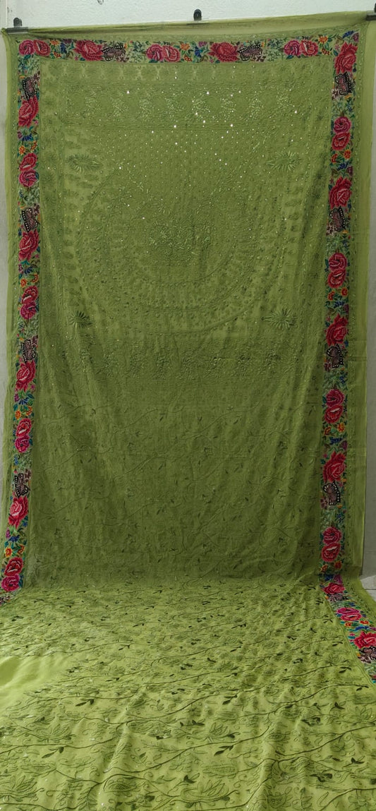 Laboni Green Gorgette Parsi Gara Saree - Saffronfashionindia