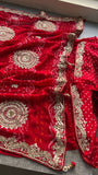 Red satin saree gottapatti Bandhej zardosi sarees bridal sari