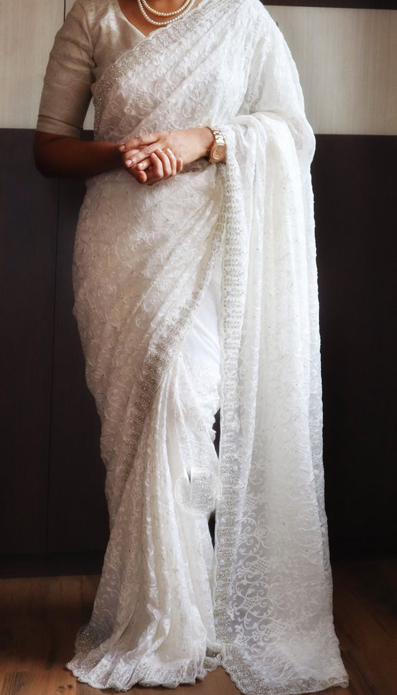 Elegant White Chikankari Saree Gorgette sarees Indian Classy Partywear saree