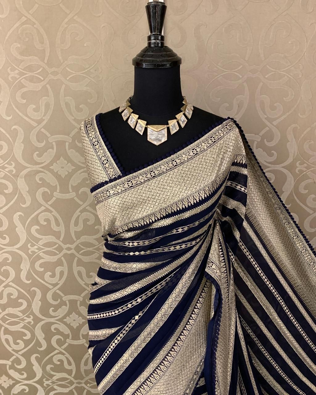 Striped Saree Georgette sari Indian sarees blouse - Saffronfashionindia