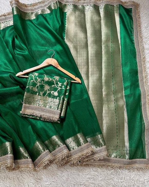 Green sari Banarsi soft tissue saree beautiful sari blouse SaffronFashion