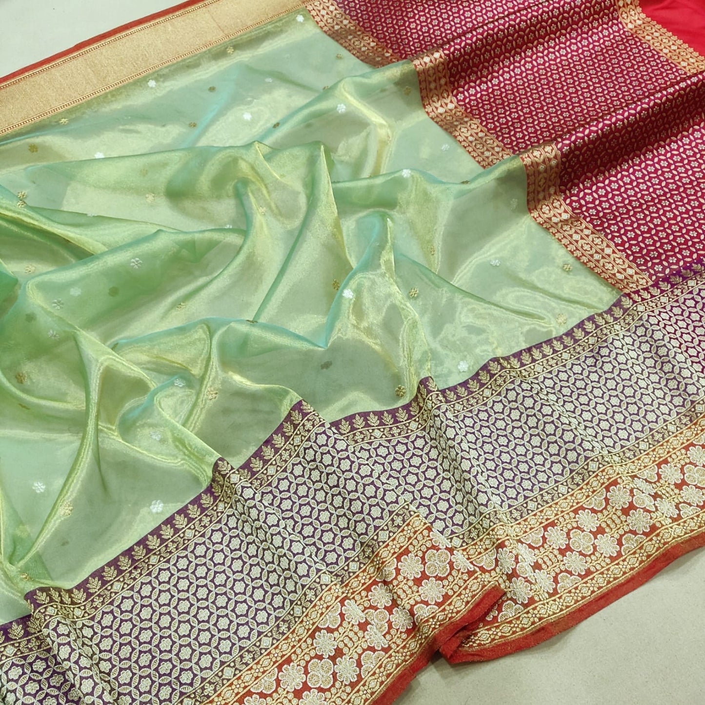 Green tissue handwoven Zari saree Indian sarees - Saffronfashionindia