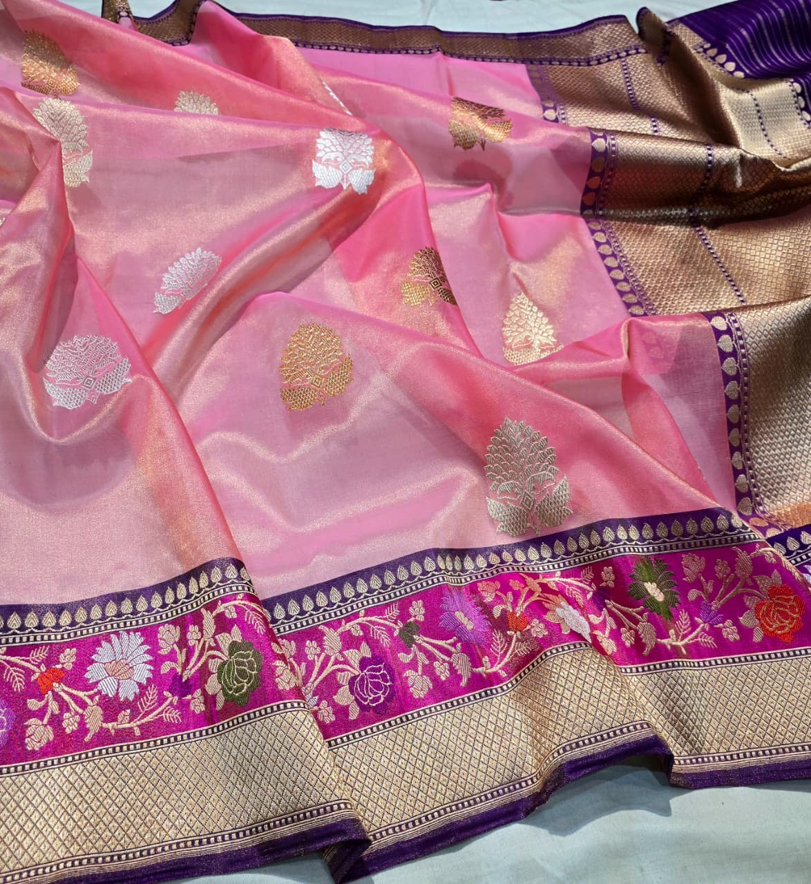 Pink kora saree tissue silk saree Indian sari blouse Saffronfashionindia