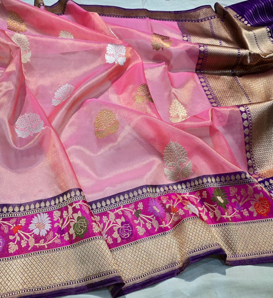 Pink kora saree tissue silk saree Indian sari blouse Saffronfashionindia