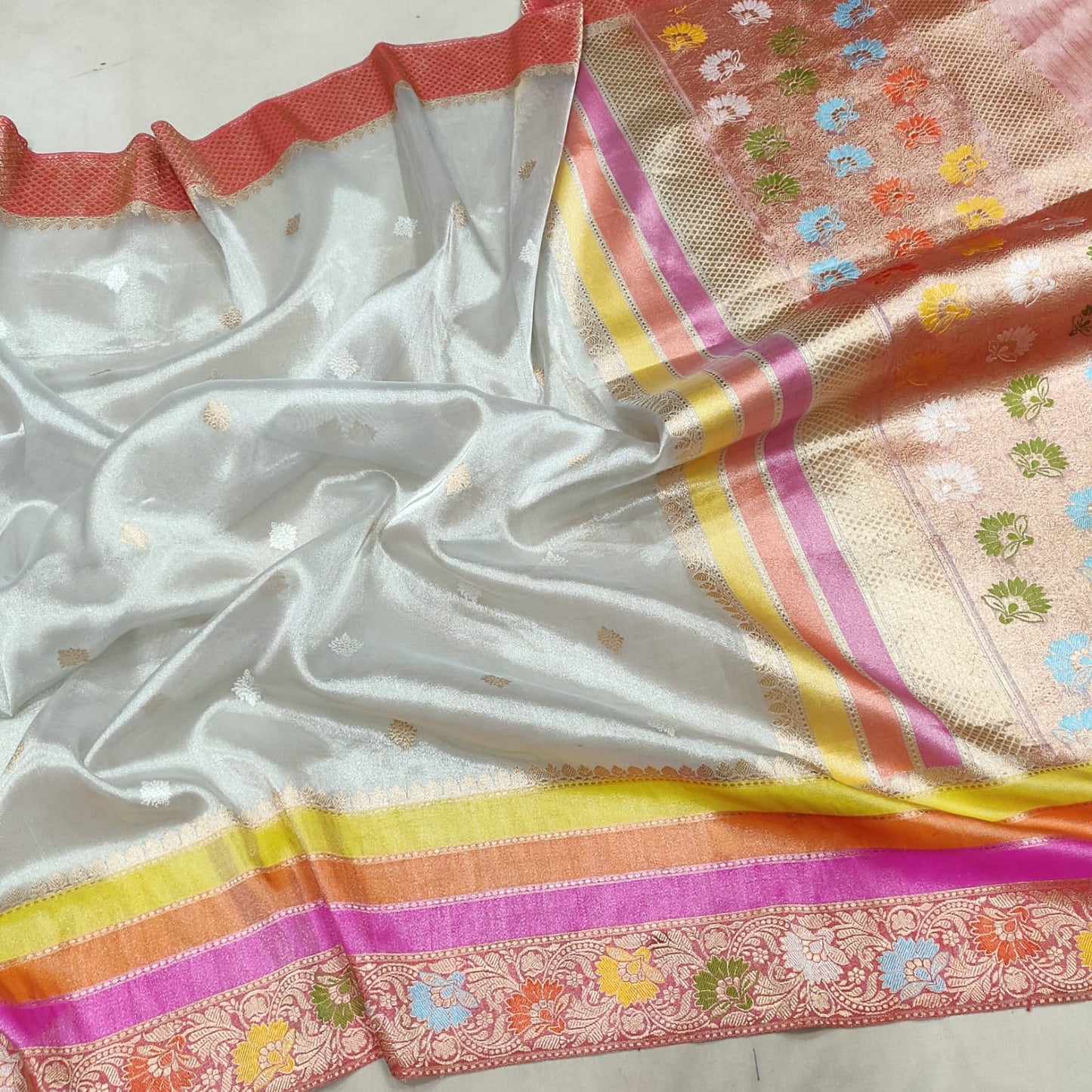 Silver inspired kora tissue handwoven saree - Saffronfashionindia