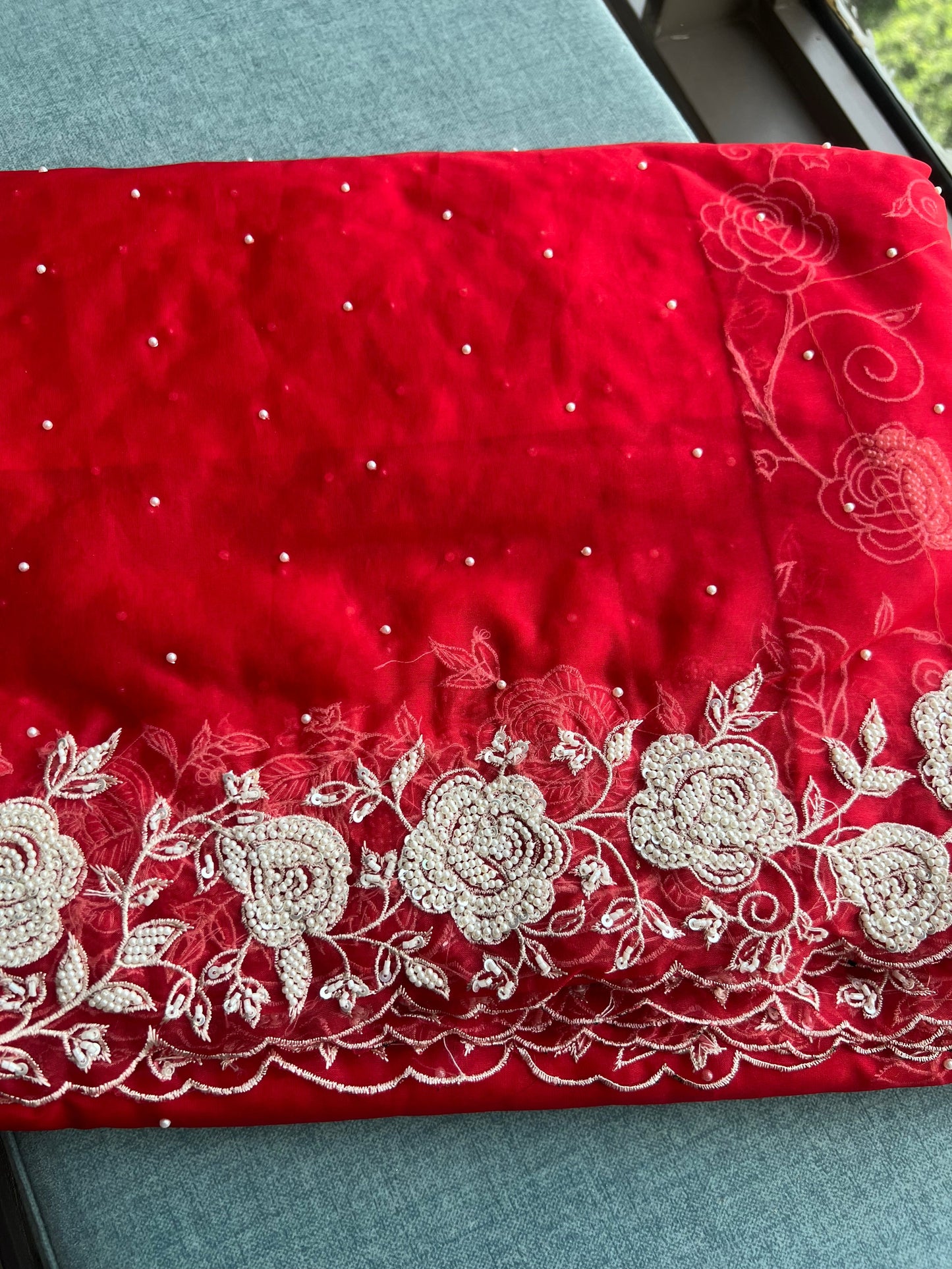 Red pearl bridal saree organza saree reception saree blouse SaffronFashion