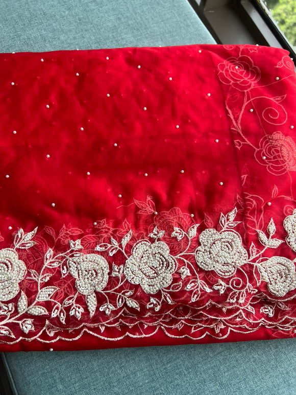 Red pearl bridal saree organza saree reception saree blouse