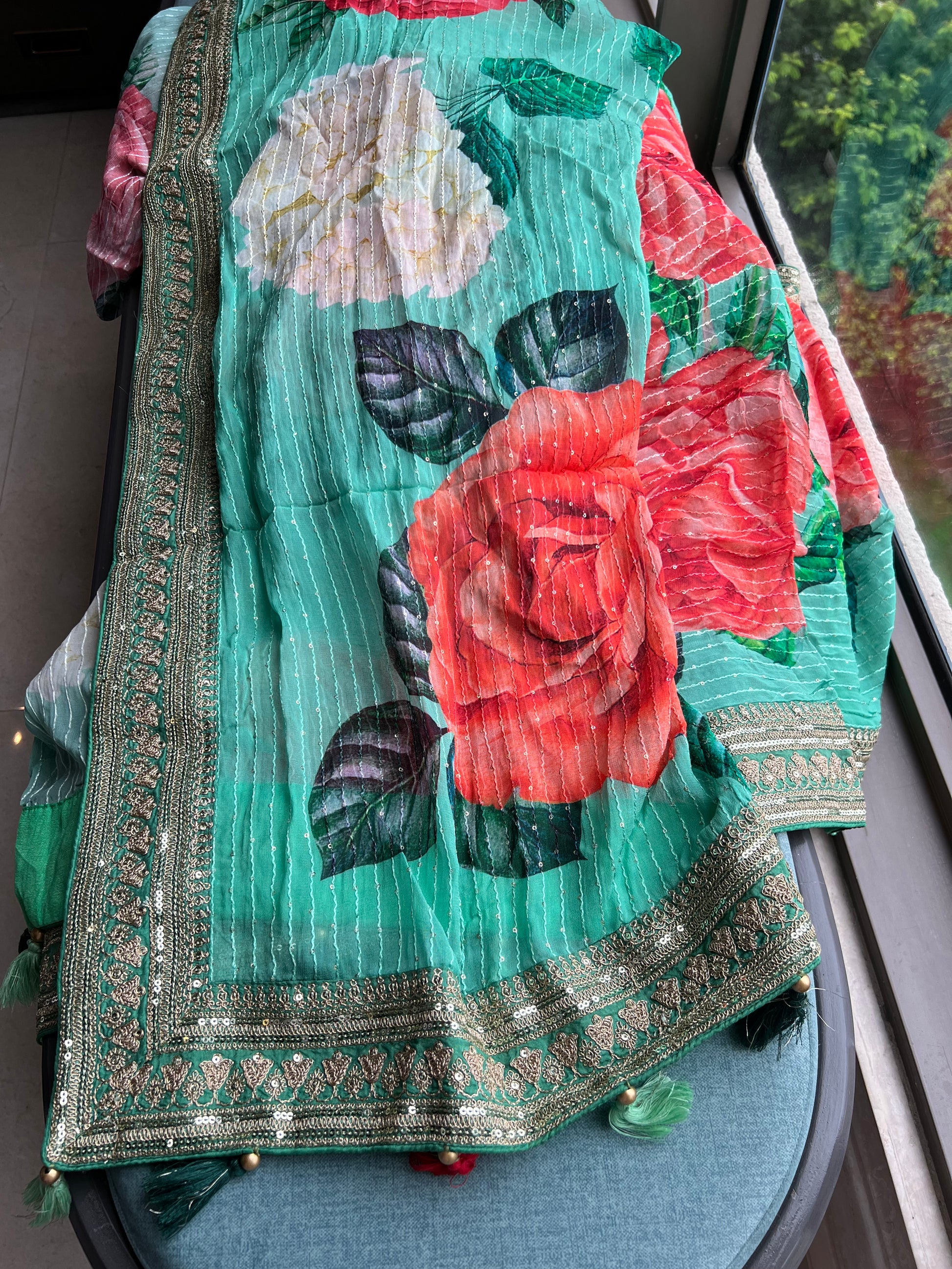 Floral elegant Gorgette saree green saree - Saffronfashionindia