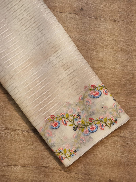 Embroidery striped organza silk saree - Saffronfashionindia