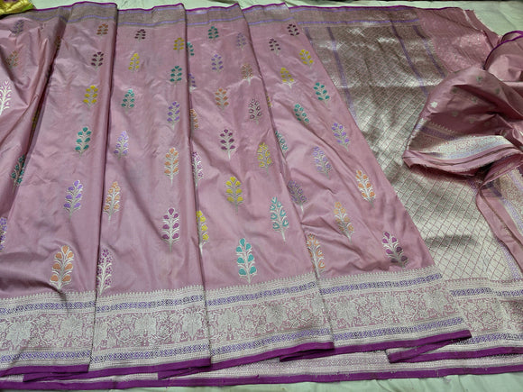 Pink Banarsi saree elegant saree Jamdani tissue sari blouse SaffronFashion