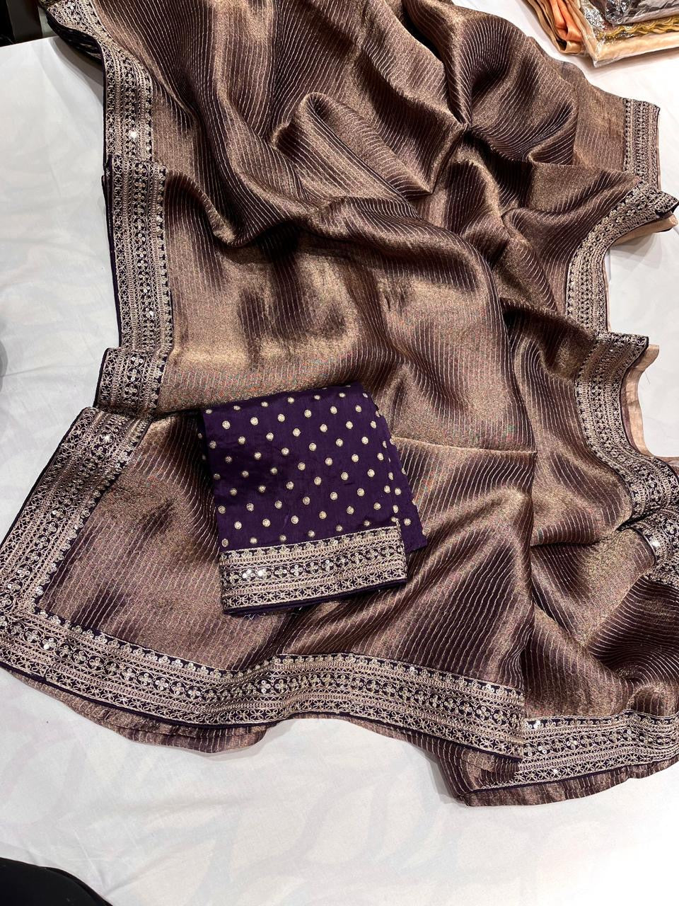 Striped tissue saree Partywear sarees SaffronFashion