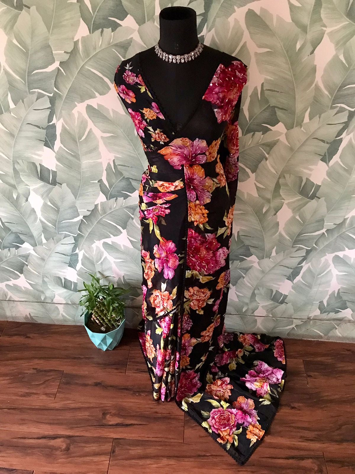 Floral saree black saree Partywear sari blouse women clothing Saffronfashionindia