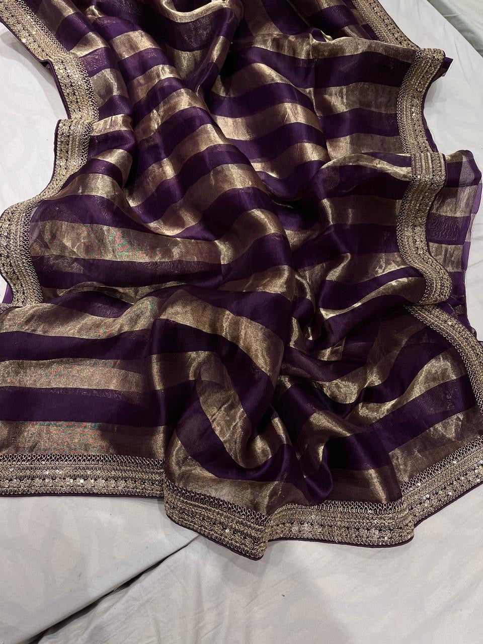 Striped Organza saree velvet blouse stylish saree women girlish sari - Saffronfashionindia