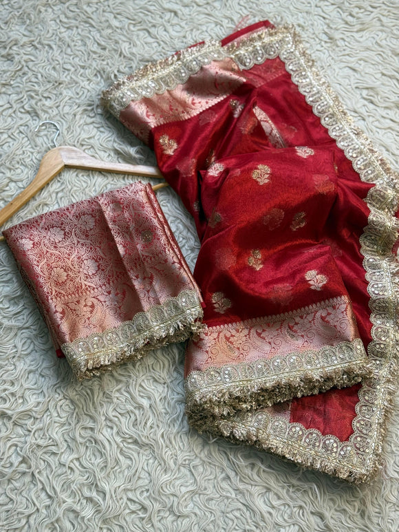 Red Banarsi saree tissue silk saree Indian sari blouse SaffronFashion