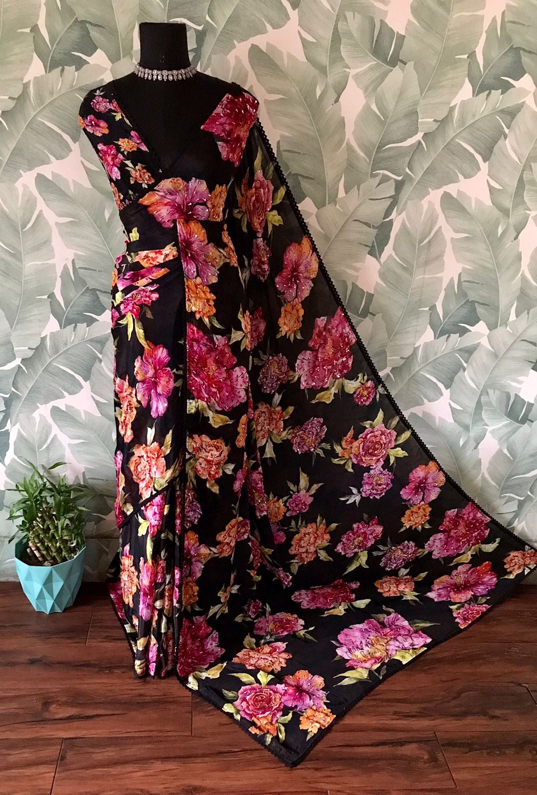 Floral saree black saree Partywear sari blouse women clothing Saffronfashionindia