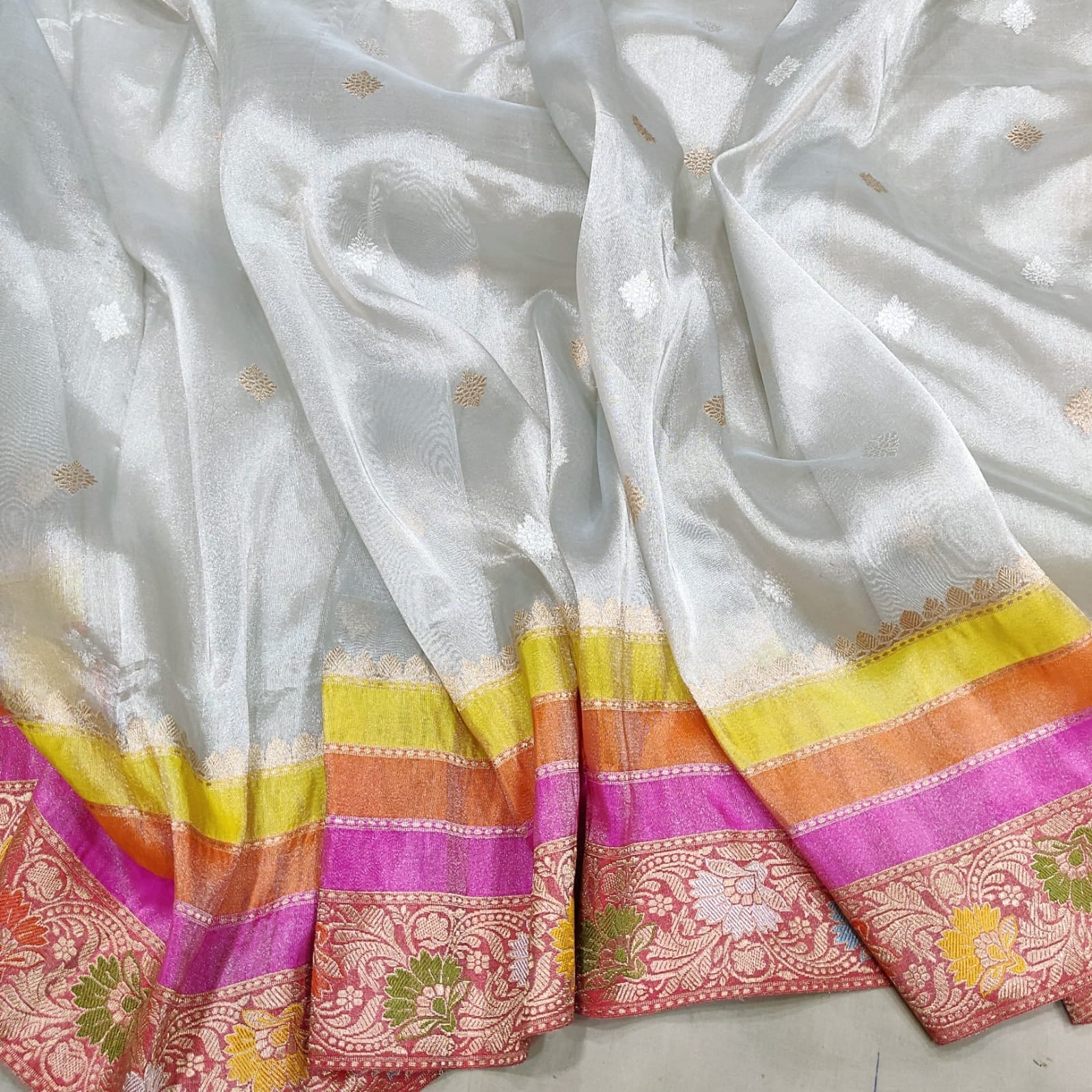 Silver inspired kora tissue handwoven saree - Saffronfashionindia