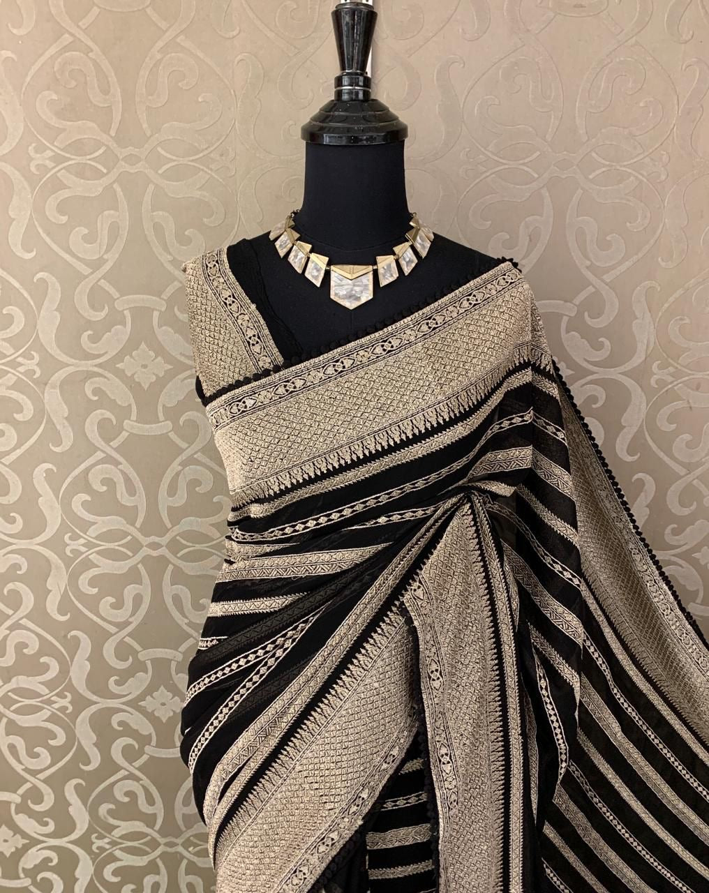 Striped Saree Georgette sari Indian sarees blouse - Saffronfashionindia