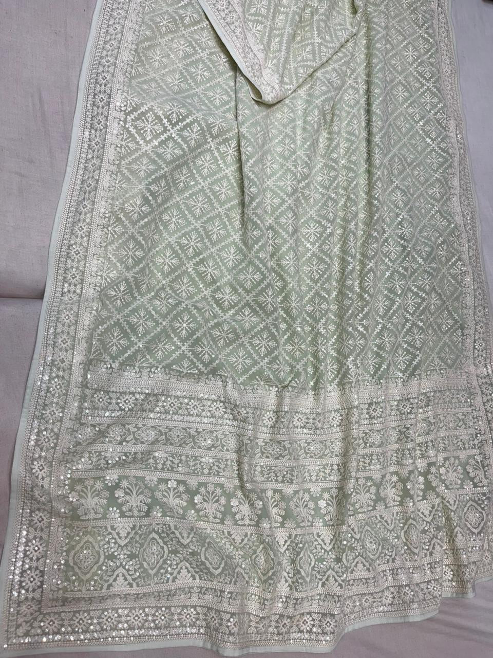 Sequins chikankari saree Indian Gorgette saree - Saffronfashionindia