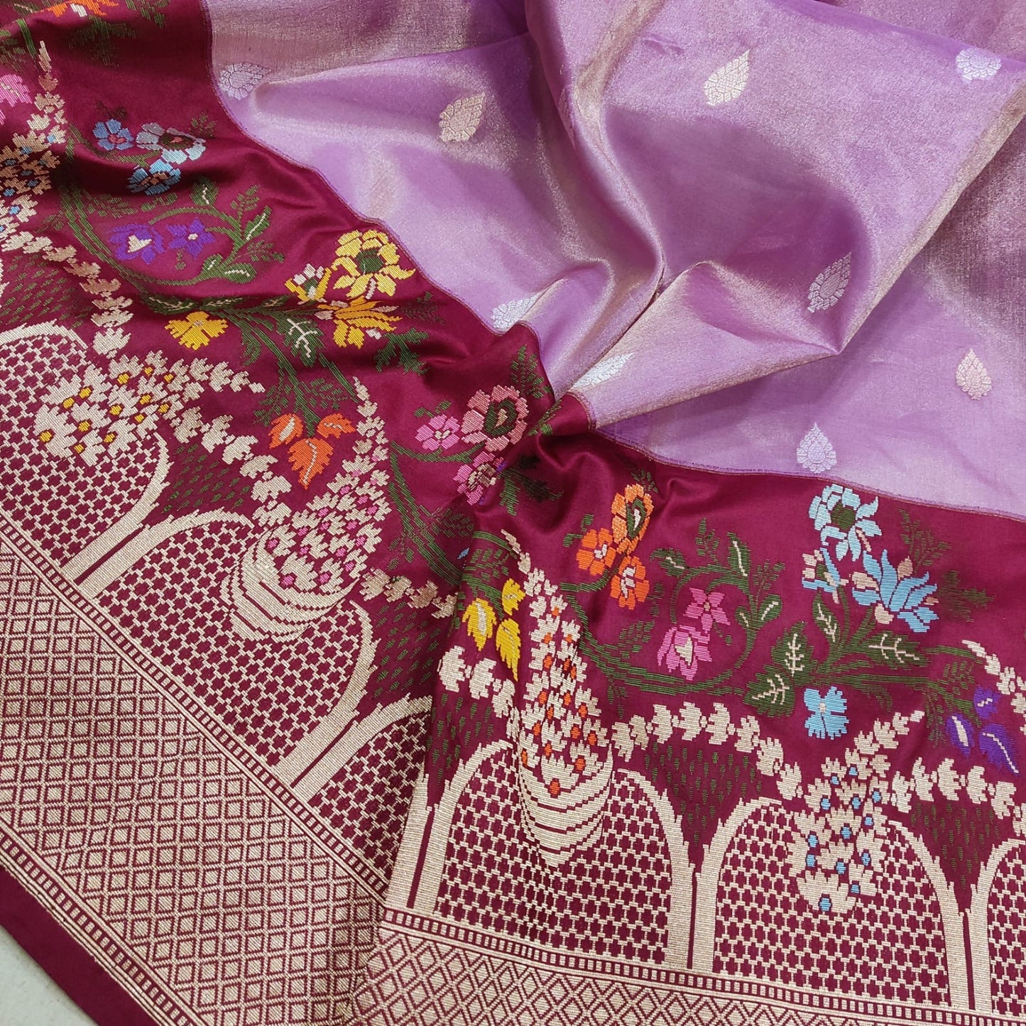 Lavender tissue saree Zari buries handwoven sarees - Saffronfashionindia