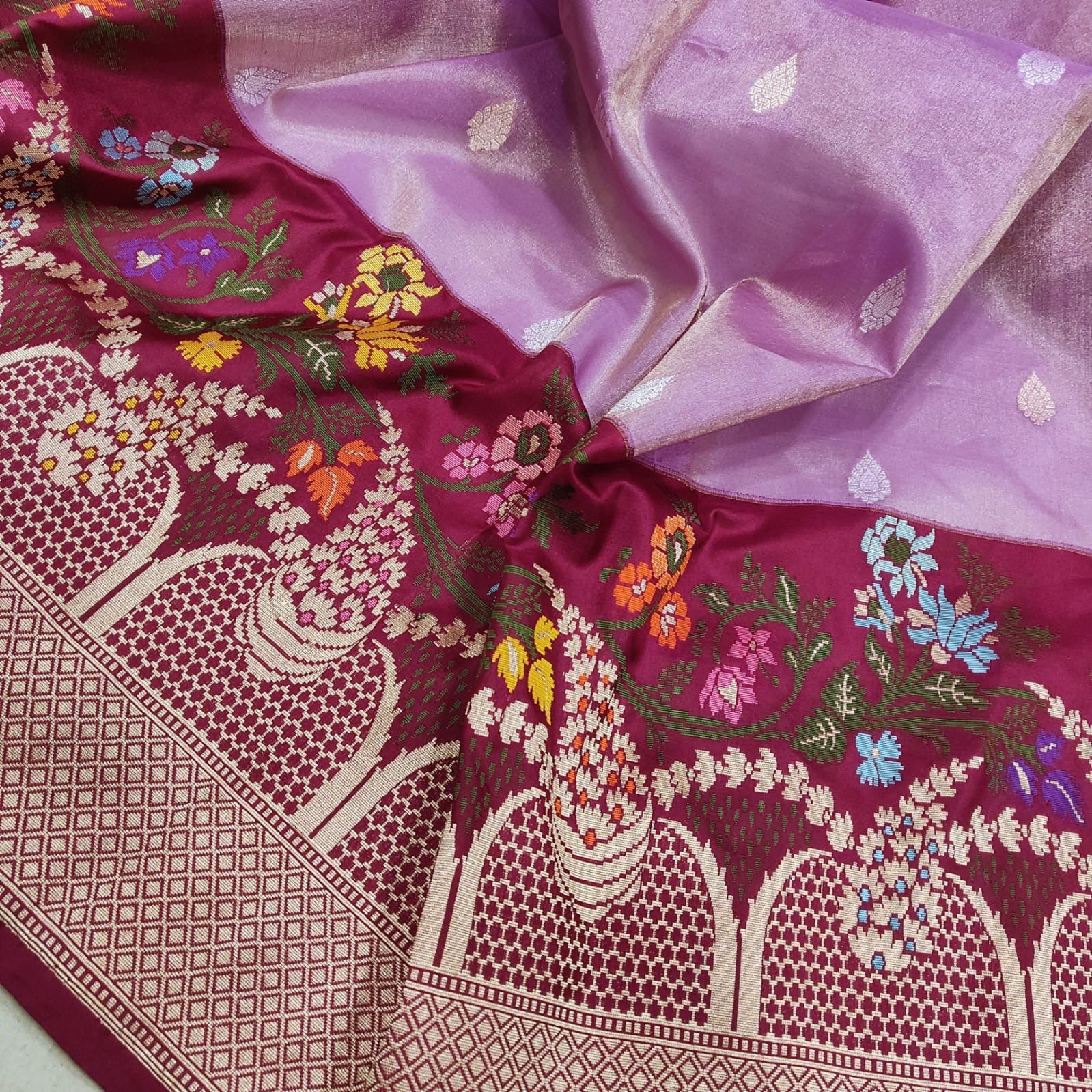 Lavender tissue saree Zari buries handwoven sarees - Saffronfashionindia