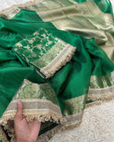 Green sari Banarsi soft tissue saree beautiful sari blouse SaffronFashion