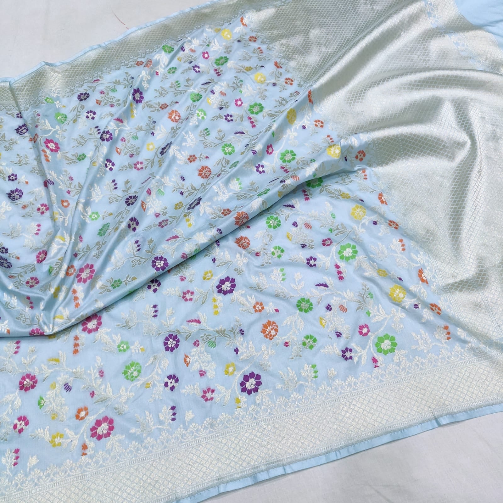 Aasmani Katan handwoven sarees - Saffronfashionindia