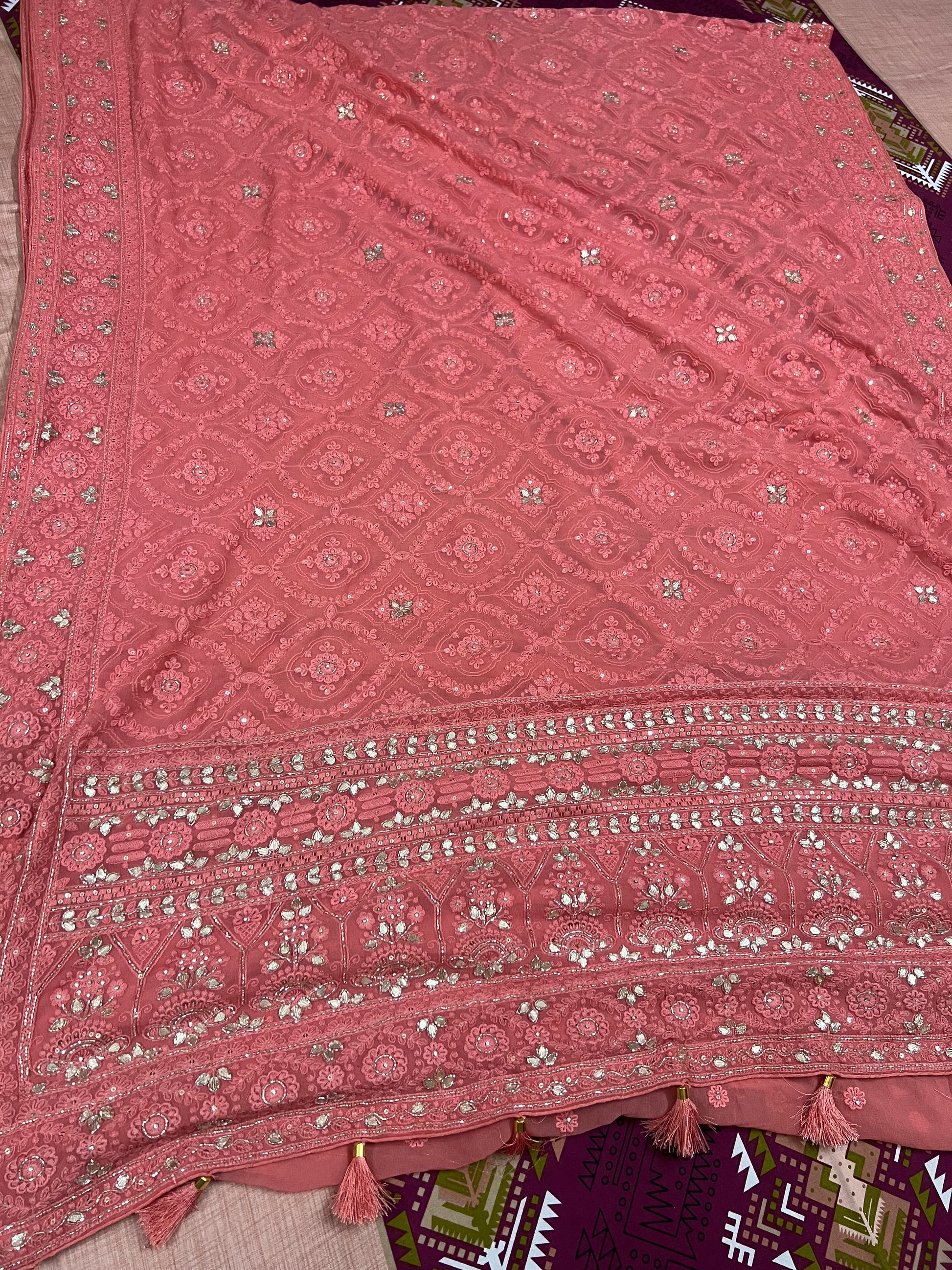 Peach Chikankari saree gorgette saree Indian saree women sari blouse - Saffronfashionindia