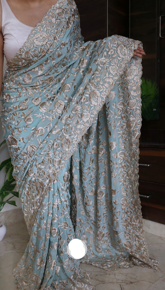 Black Parsi thread Embroidered Saree SaffronFashion