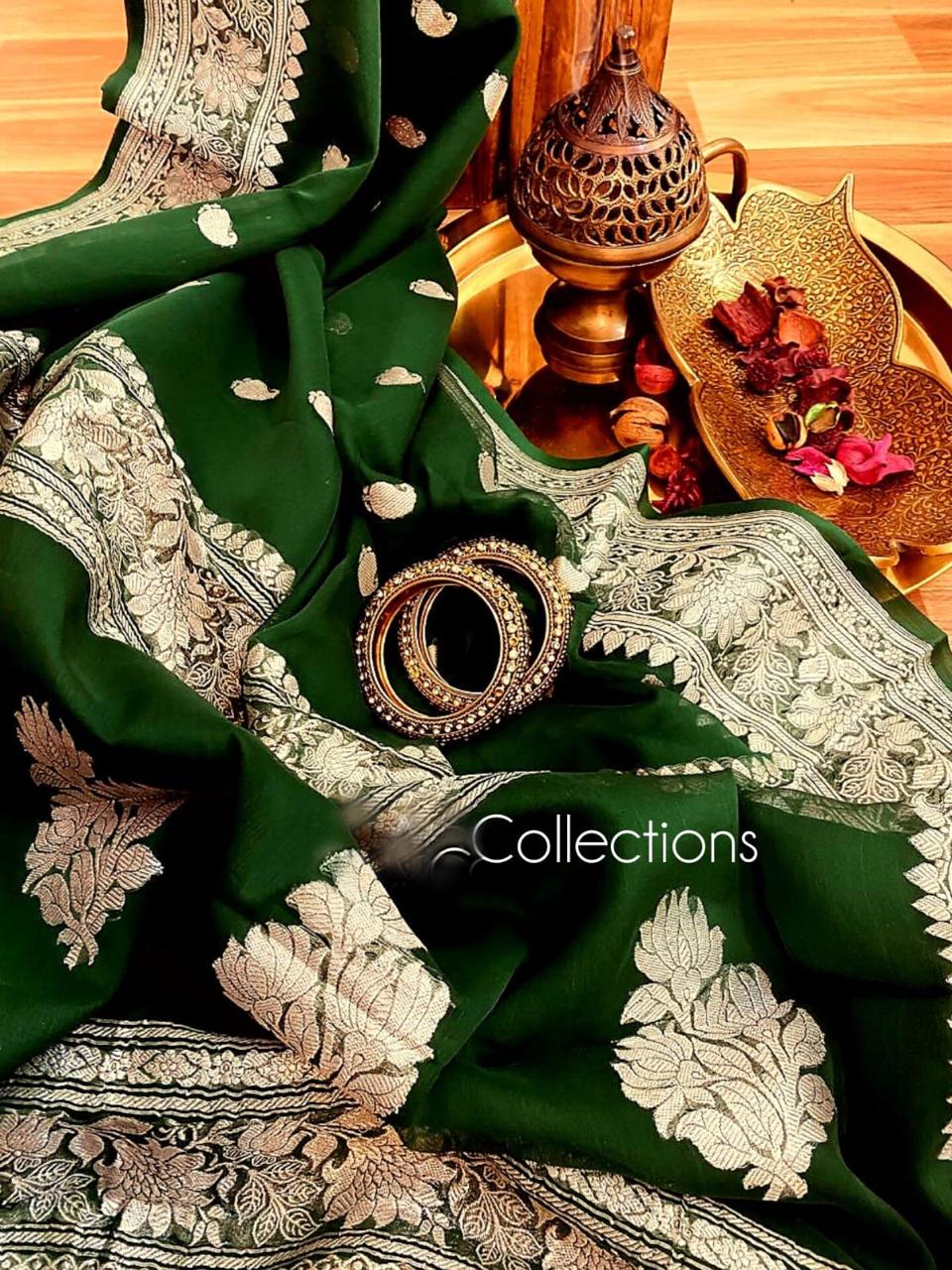 Green chiffon saree Banarsi lady’s saree weaving sari SaffronFashion