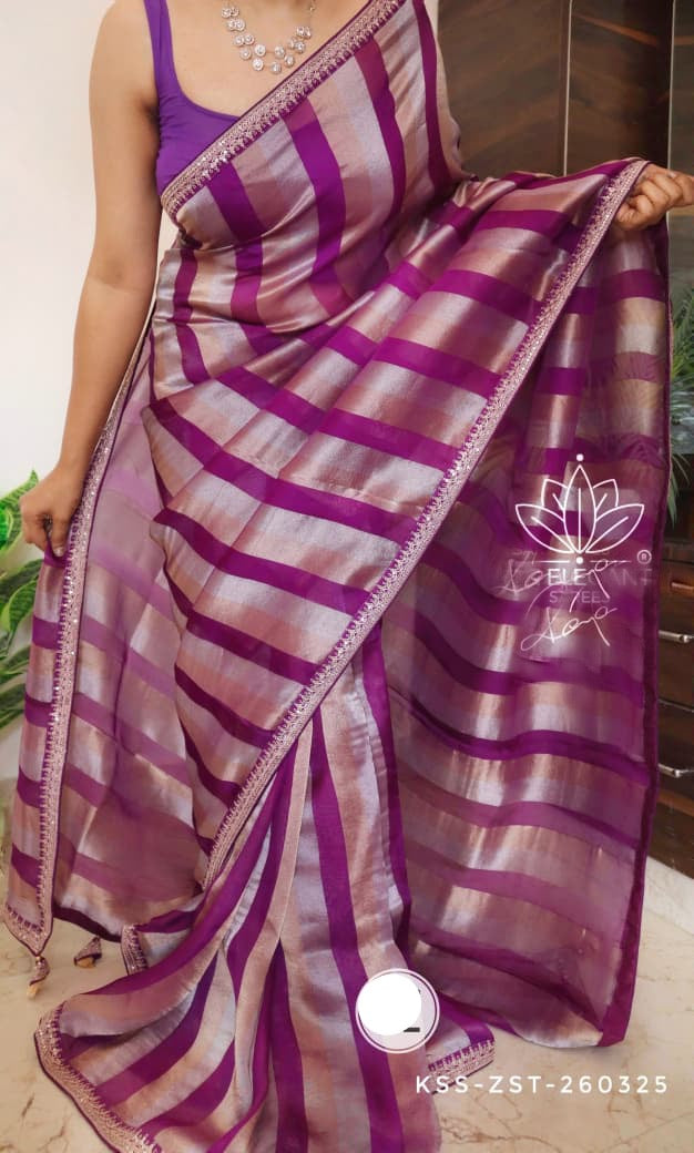 Striped Kora silk saree partywear sarees Indian sari SaffronFashion