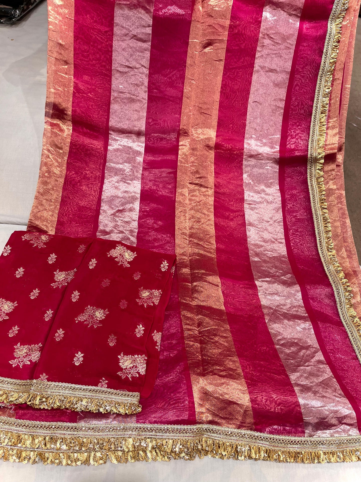 Striped Tissue Organza Saree Partywear Sari - Saffronfashionindia