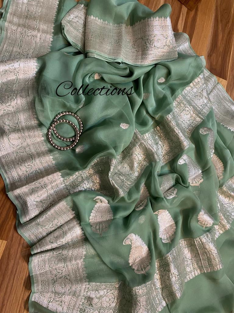 Sage green handwoven chiffon saree - Saffronfashionindia