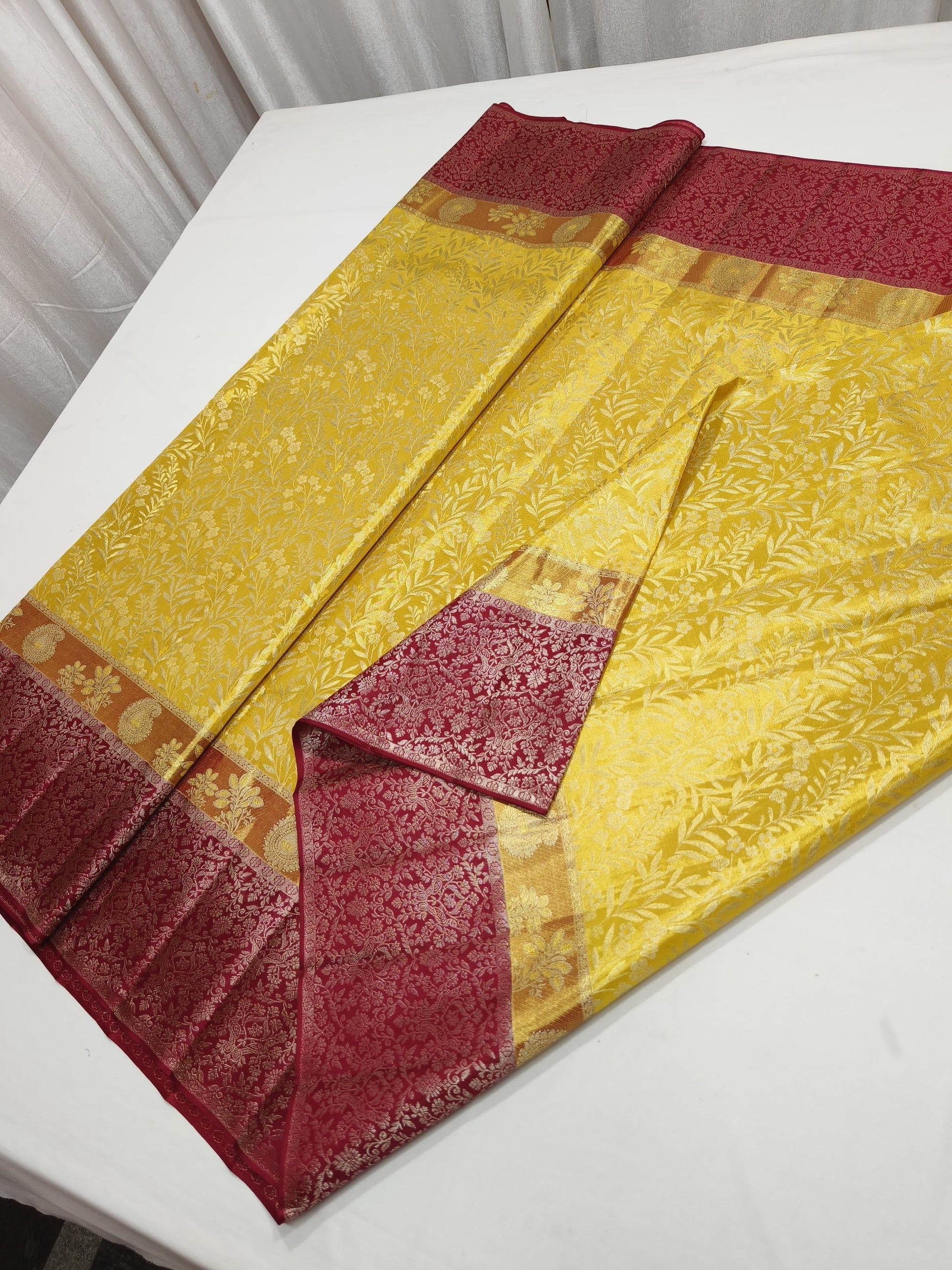 Yellow Kanjeevaram saree Indian traditional saree blouse SaffronFashion