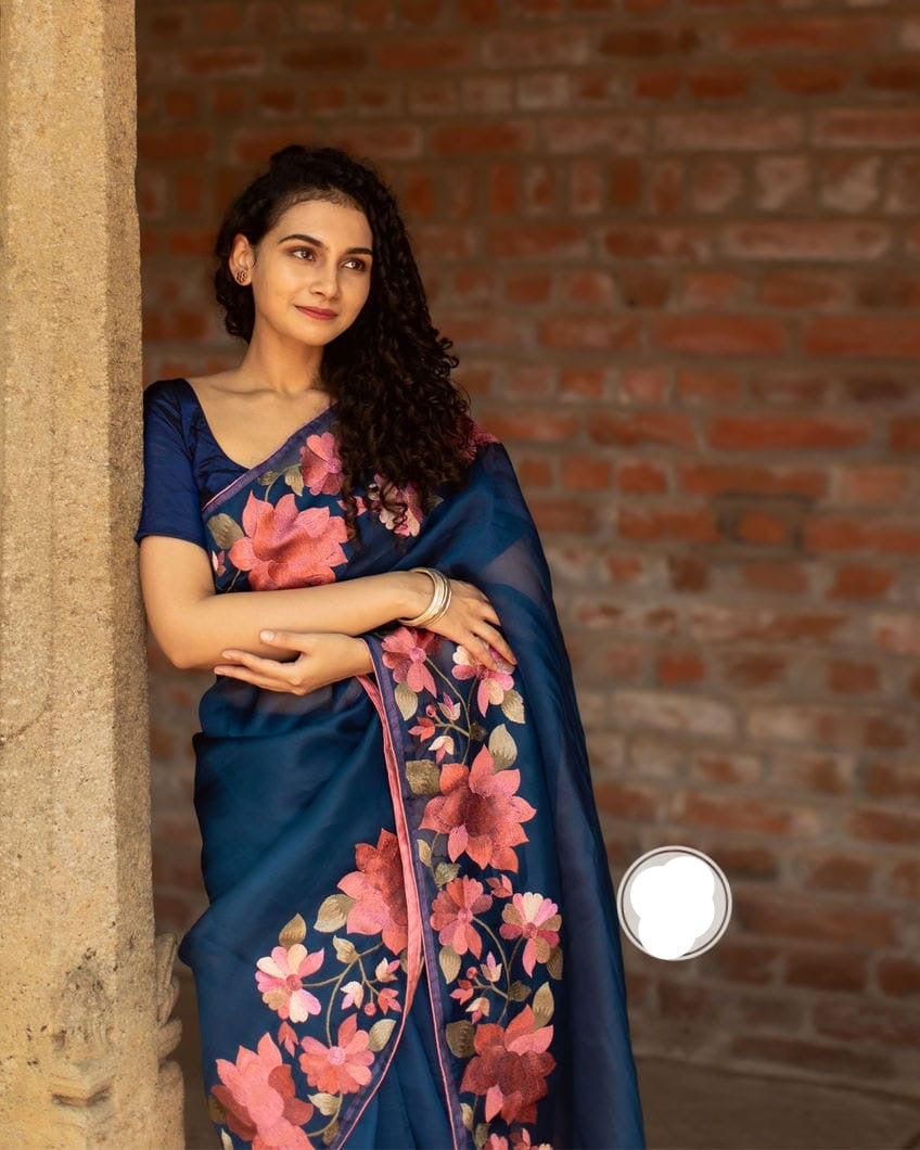 Parsi inspired floral bordered organza saree Indian Partywear sarees - Saffronfashionindia