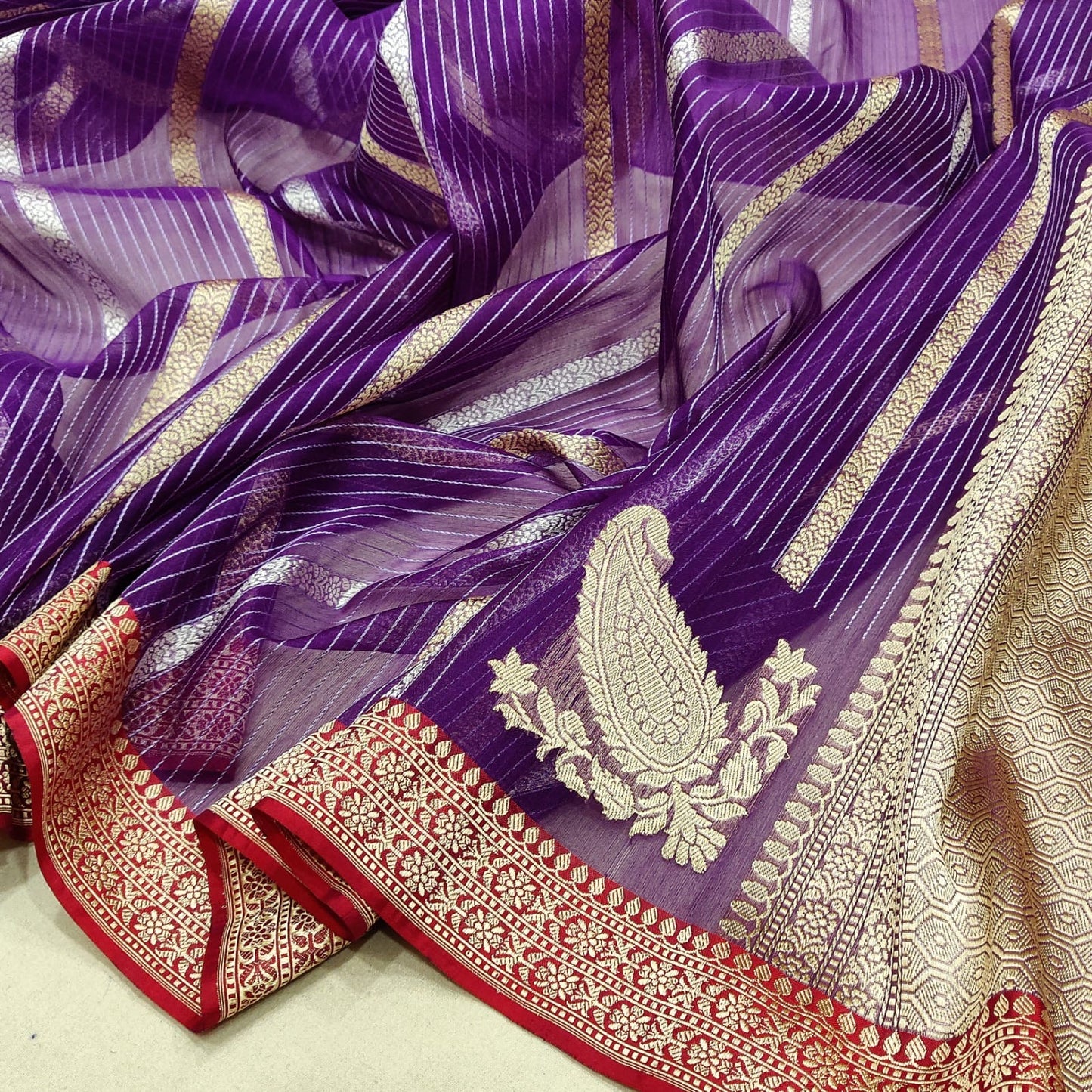 Paisley inspired lavender kora zari saree - Saffronfashionindia