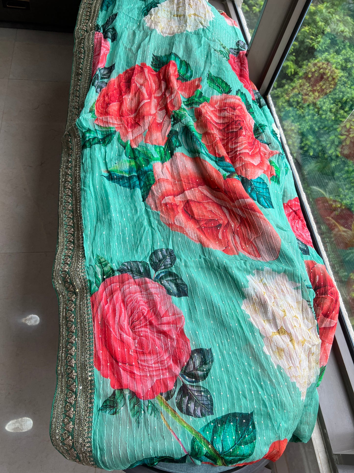 Floral elegant Gorgette saree green saree - Saffronfashionindia