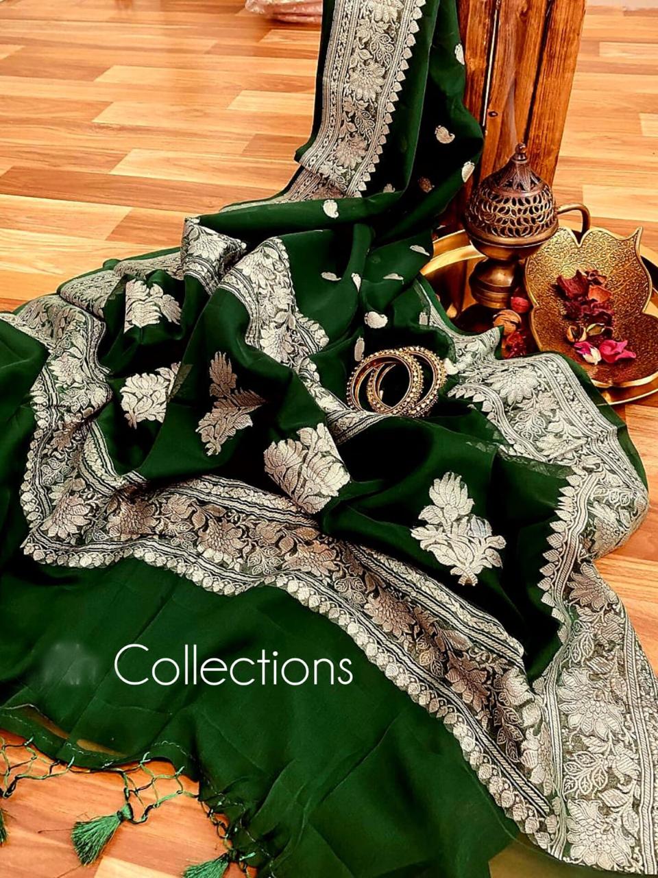 Green chiffon saree Banarsi lady’s saree weaving sari SaffronFashion