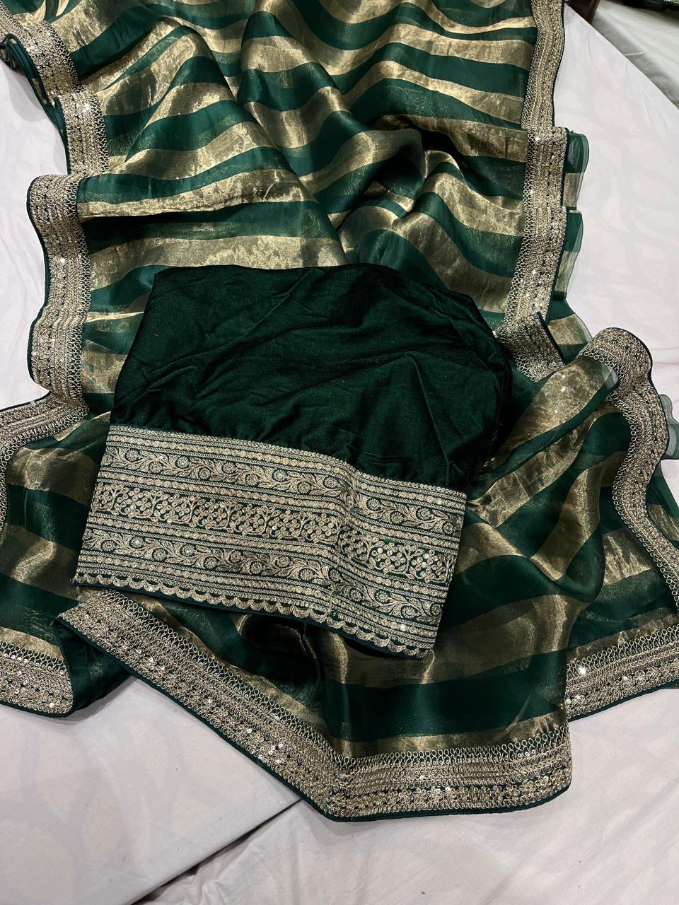 Striped Organza saree velvet blouse stylish saree women girlish sari - Saffronfashionindia